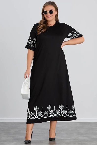 Wearon Kadın Aysar Kısa Kol Baskılı iki ip Boydan Siyah Elbise