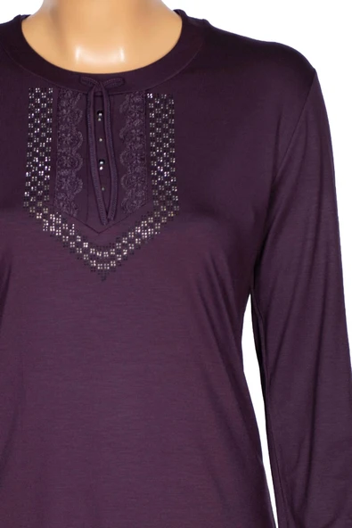 Simay Kadın Nora Ara Beden Dantelli Taşlı Mürdüm Spor Bluz - Resim 2