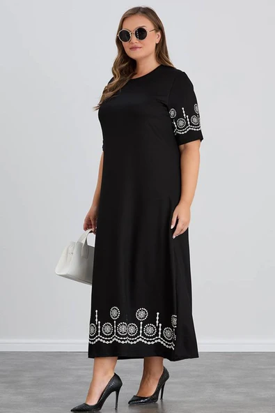 Wearon Kadın Aysar Kısa Kol Baskılı iki ip Boydan Siyah Elbise - 2