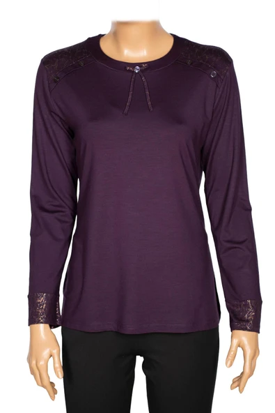 Simay Kadın Flora Ara Beden Kombinli Omzu Düğmeli Mürdüm Spor Bluz ürün görseli