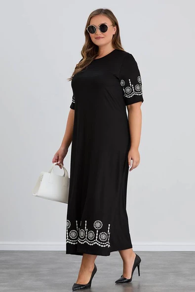 Wearon Kadın Aysar Kısa Kol Baskılı iki ip Boydan Siyah Elbise - 5