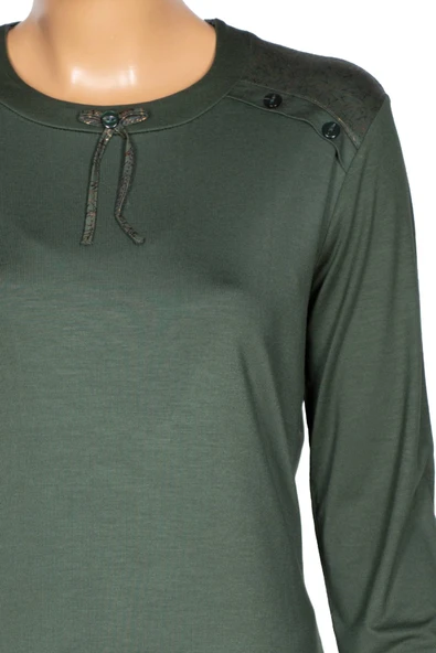 Simay Kadın Flora Ara Beden Kombinli Omzu Düğmeli Çam Yeşili Spor Bluz - Resim 2