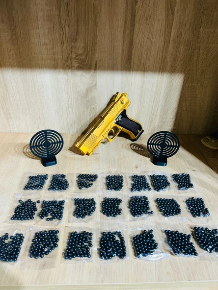 Gold  Renk Boncuklu Oyuncak Tabanca 1 Adet + 2 adet hedef 9 cm Siyah +  21 Paket Boncuk - 1