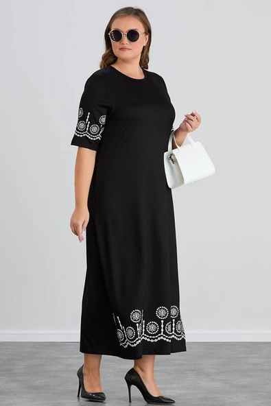 Wearon Kadın Aysar Kısa Kol Baskılı iki ip Boydan Siyah Elbise - 4