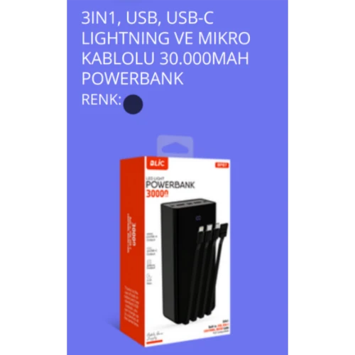 Bpb07 30000 mah 3x1 USB, USB C, ligthing ve mikro Kablolu powerbank ürün görseli 1