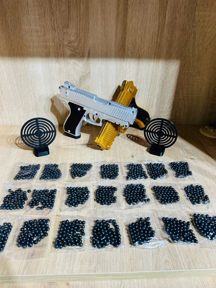 Boncuklu  Altın ve Gümüş Renk Boncuk Atan Silah 2 Adet + 2 Adet 9 cm Hedef +  21 Paket Boncuk - 1