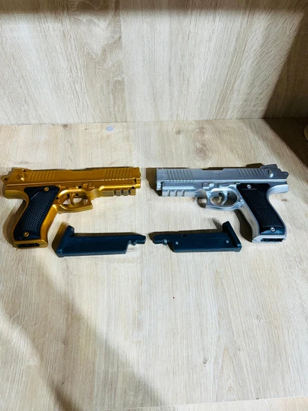 Boncuklu  Altın ve Gümüş Renk Boncuk Atan Silah 2 Adet + 2 Adet 9 cm Hedef +  21 Paket Boncuk - 3