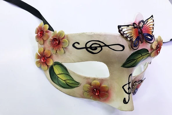 Kelebek ve Çiçek İşlemeli Venedik Maskesi Kırmızı Renk 10x18 cm - Resim 3