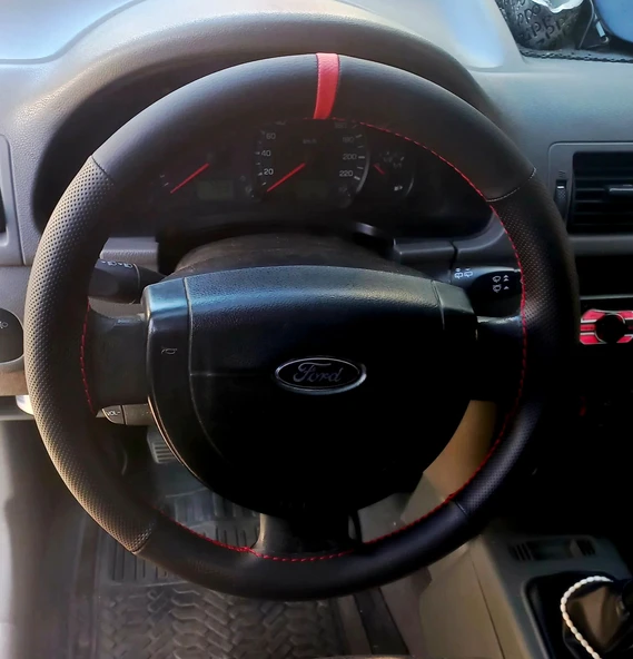 DİKİŞLİ DİREKSİYON KILIFI SİYAH / NOKTALI DERİ KIRMIZI YÜZÜK / DİKİŞLİ F.O.R.D CONNECT İÇİN ürün görseli