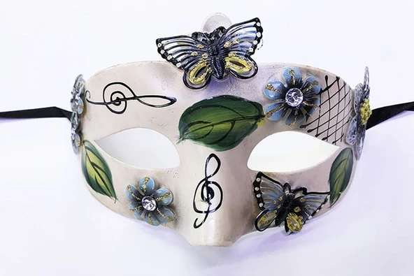 Kelebek ve Çiçek İşlemeli Venedik Maskesi Siyah Renk 10x18 cm ürün görseli