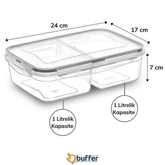 BUFFER® 2 Bölmeli 1+1 Litre Kilitli Kapaklı Erzak Saklama Kabı LC-525 - Resim 2