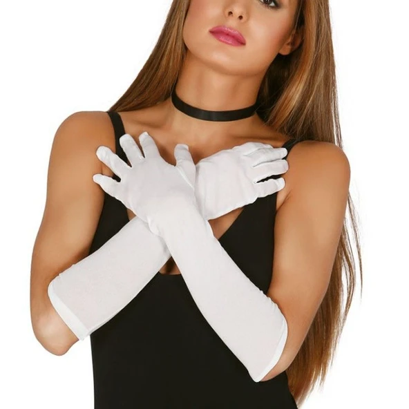 Beyaz Renk Dirseğe Kadar Uzun Kumaş Eldiven 40 cm - Resim 3