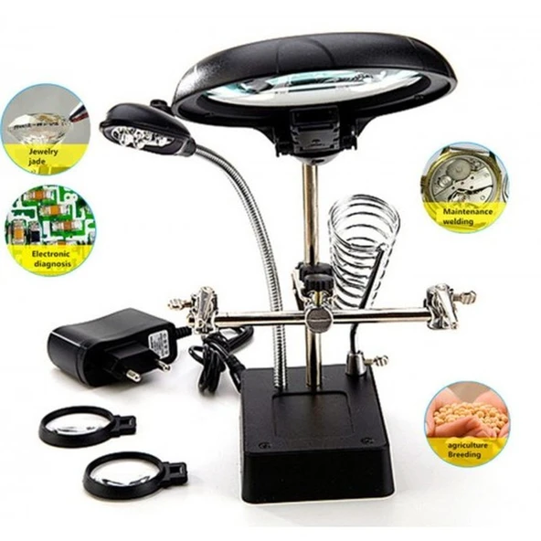 Masa Üstü Mandallı 2.5X90 Mm 7.5X34 Mm Mercekli Adaptörlu Işıklı Büyüteç - Resim 4