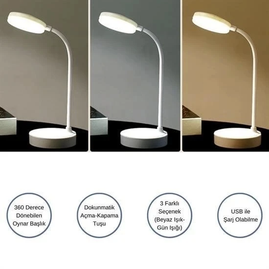 BUFFER® Yuvarlak USBli Dokunmatik 3 Kademeli 360 Derece  Özel Göz Korumalı Led Lityum Masa Lambası - Resim 7
