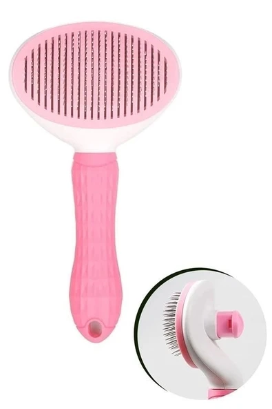 BUFFER® Kedi Köpek Tüy Toplayıcı Kendini Temizleyebilen Ergonomik Saplı Evcil Hayvan Tarağı Pembe - Resim 7