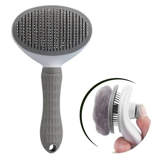 BUFFER® Kedi Köpek Tüy Toplayıcı Kendini Temizleyebilen Ergonomik Rahat Evcil Hayvan Tarağı Gri ürün görseli