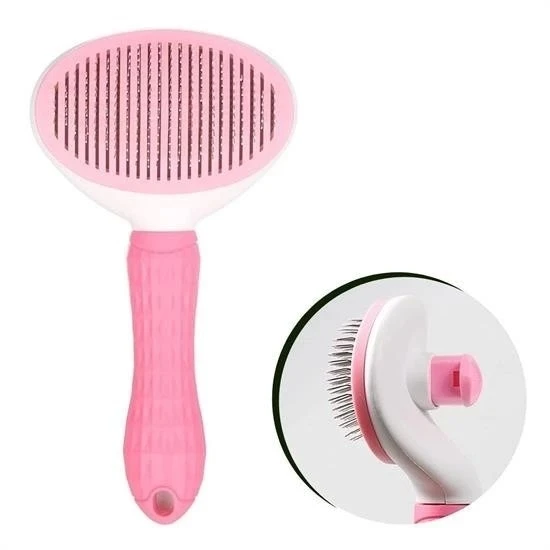 BUFFER® Kedi Köpek Tüy Toplayıcı Kendini Temizleyebilen Ergonomik Saplı Evcil Hayvan Tarağı Pembe ürün görseli