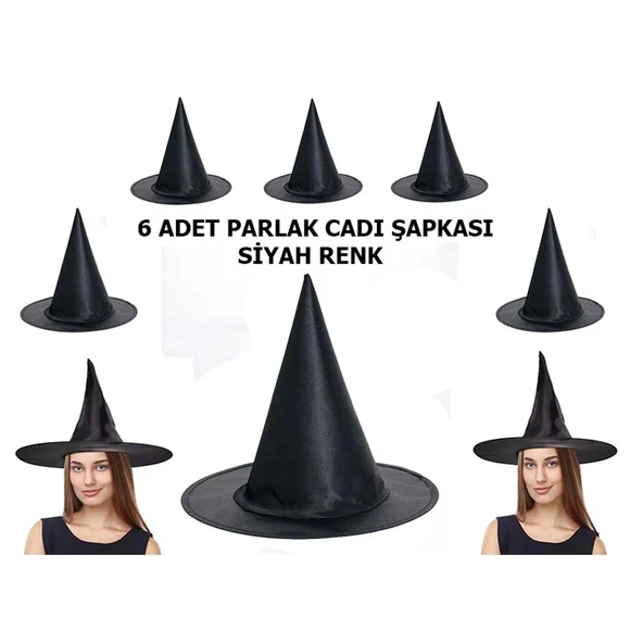 Halloween Siyah Renk Parlak Dralon Cadı Şapkası Yetişkin ve Çocuk Uyumlu 6 Adet ürün görseli