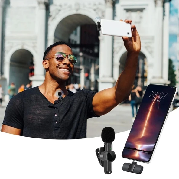 BUFFER® Type C Uyumlu İphone Dönüştürücülü Kablosuz Yaka Mikrofonu Android ve İphone Uyumlu Mini Mikrofon ürün görseli 1