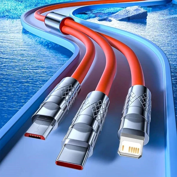 BUFFER®  3 Şarj Aleti 1 Arada Çinko Alaşım Hızlı Şarj Kablosu Turuncu - Resim 5