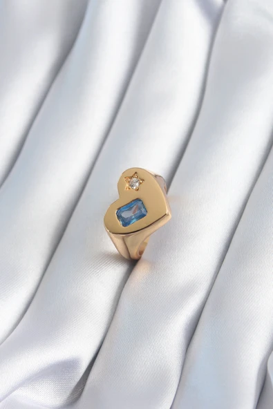 Pirinç Gold Renk Kalp Model Zirkon Taş Yıldız Detay Kadın Yüzük - TJ-BYK2895 ürün görseli