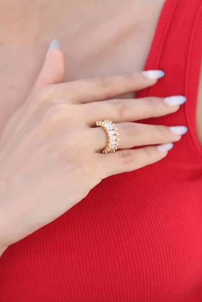 Zirkon Taşlı Baget Gold Renk Kadın Yüzük - TJ-BYK2342 - Resim 2