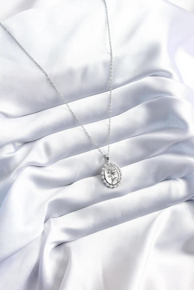 316L Çelik Gümüş Renk Gül Model İnci Detay Kadın Kolye - TJ-BKO8095 - Resim 2