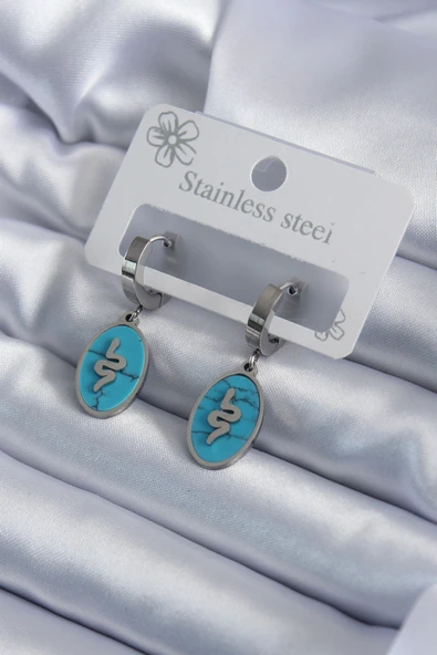 316L Çelik Gümüş Renk Oval Mavi Taşlı Yılan Figür Kadın Küpe - TJ-BKP7940 ürün görseli