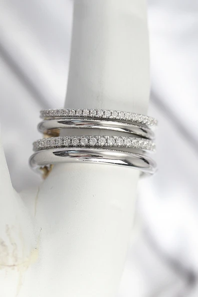 Pirinç Gümüş Renk Zirkon Taşlı 4'Lü Kadın Yüzük ürün görseli