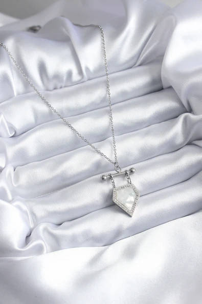 316L Çelik Gümüş Renk Zirkon Taş Detay Kadın Kolye - TJ-BKO7896 - Resim 2