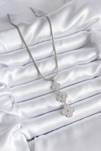 316L Çelik Gümüş Renk İtalyan Zincir Zirkon Taşı Yonca Model Kadın Kolye - TJ-BKO8152 - Resim 2