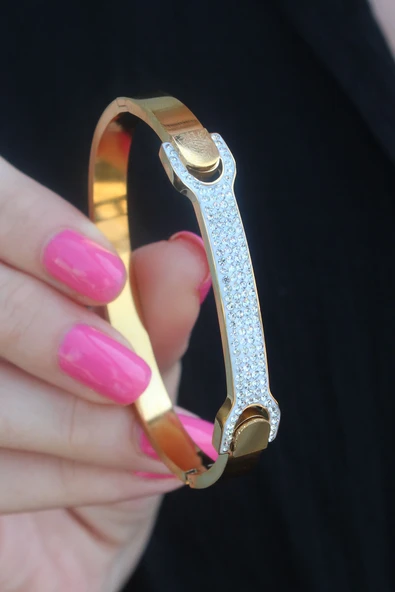316L Çelik Gold Renk Zirkon Taşlı Kadın Kelepçe - TJ-BB5285 - Resim 2