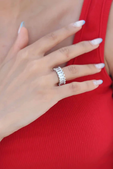 Zirkon Taşlı Gümüş Renk Baget Kadın Yüzük - TJ-BYK2341 - Resim 2