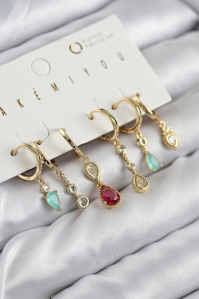 Pirinç Zirkon Taşlı Sallantılı Model Gold Renk 6'lı Küpe Set ürün görseli