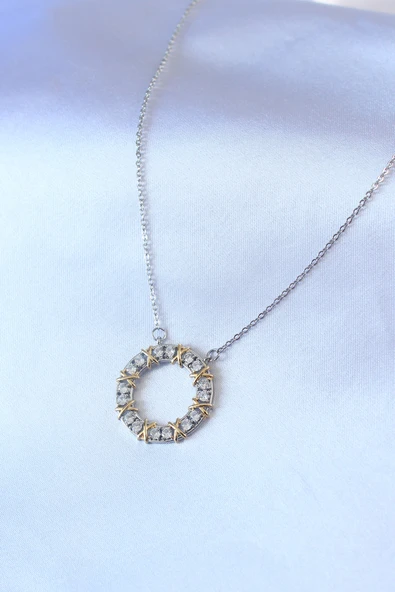 316L Çelik Gümüş Renk Zirkon Taşlı Gold Detay Xoxo Kadın Kolye - TJ-BKO7459 - Resim 2