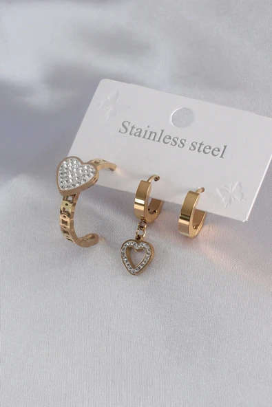 316L Çelik Gold Renk Kalp Model Zirkon Taşlı Kadın Küpe Kombini - TJ-BKP7101 ürün görseli