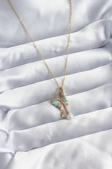 316L Çelik Zincir Gold Karışık Renk Zirkon Taşlı Kelebek Figür İnci Kadın Kolye - TJ-BKO8048 ürün görseli