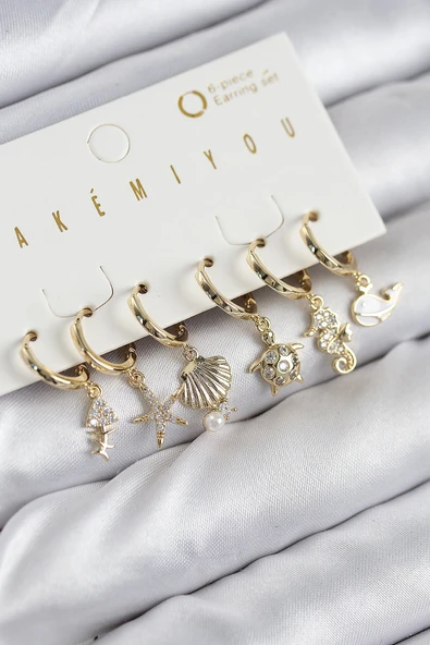 Pirinç Zirkon Taşlı İstiridye Balina Ve Yıldız Gold Renk 6'lı Küpe Set ürün görseli