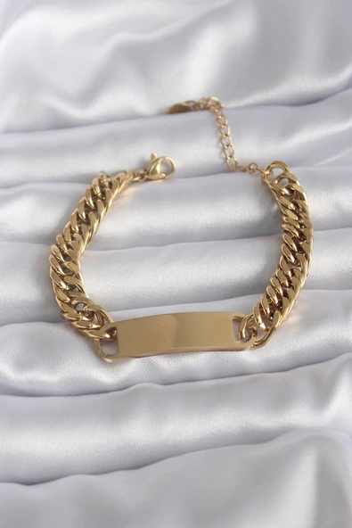 316L Çelik Gold Renk İsim Yazılabilir Plaka Model Kadın Bileklik - TJ-BB5744 ürün görseli