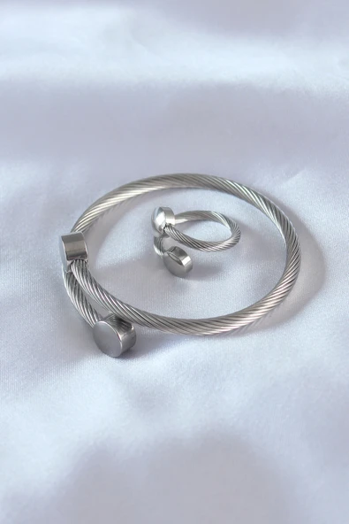 Çelik Gümüş Renk Sıkı Burgu Model Erkek Bileklik Yüzük Seti - TJ-EB3591 ürün görseli