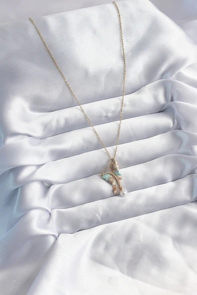 316L Çelik Zincir Gold Karışık Renk Zirkon Taşlı Kelebek Figür İnci Kadın Kolye - TJ-BKO8048 - Resim 2