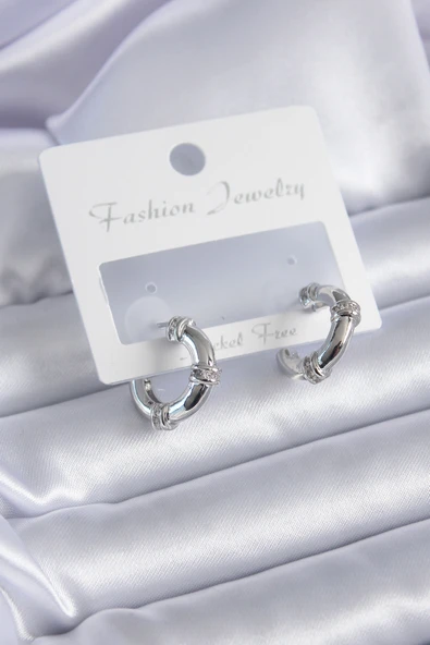 Gümüş Renk Zirkon Taşlı Halka Model Pirinç Kadın Küpe - TJ-BKP7856 ürün görseli