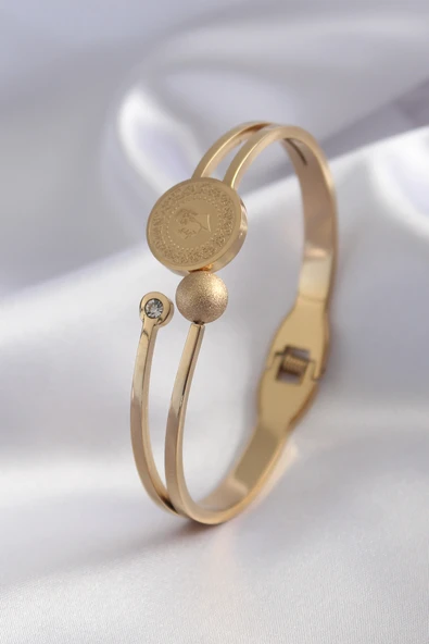 316L Çelik Gold Renk Çeyrk Altın Zirkon Taş Detay Kadın Kelepçe - TJ-BB5152 ürün görseli