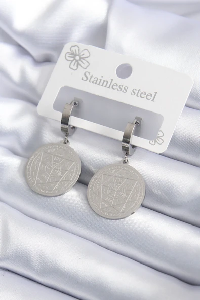 316L Çelik Gümüş Renk Pentagram İşleme Model Kadın Küpe - TJ-BKP7924 ürün görseli