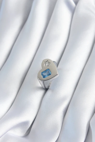 Pirinç Gümüş Renk Kalp Model Yıldız Zirkon Taş Detay Kadın Yüzük - TJ-BYK2894 ürün görseli