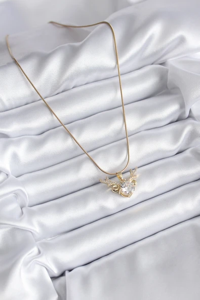 316L Çelik Gold Renk Zirkon Taşlı Boynuz Model Kadın Kolye - TJ-BKO8134 - Resim 2