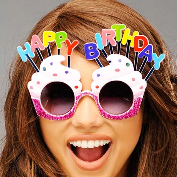 Happy Birthday Yazılı Beyaz Fuşya Renk Parti Gözlüğü 12x7 cm ürün görseli