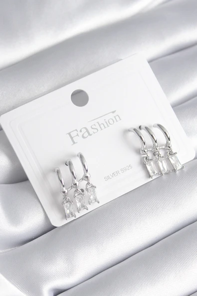 Pirinç Gümüş Renk 3'lü Sallantı Zirkon Taşlı Küpe - TJ-BKP8421 ürün görseli