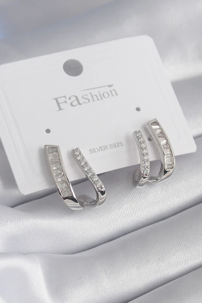 Pirinç Gümüş Renk Zirkon Taşlı Kadın Küpe - TJ-BKP8447 ürün görseli