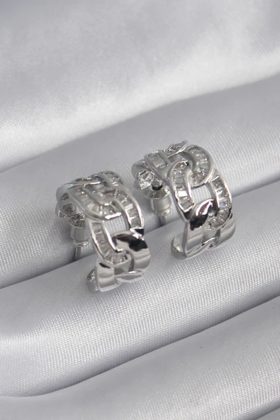 Pirinç Gümüş Renk Zirkon Taşlı Zincir Model Kadın Küpe - TJ-BKP8451 ürün görseli